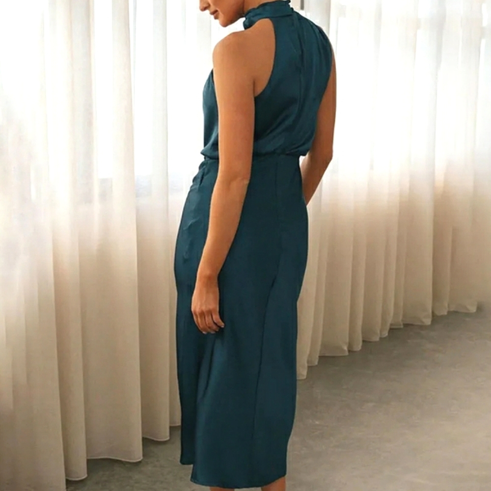 Draped Satin Asymmetric High Neck Sleeveless Midi Dress - Picture 2 of 12